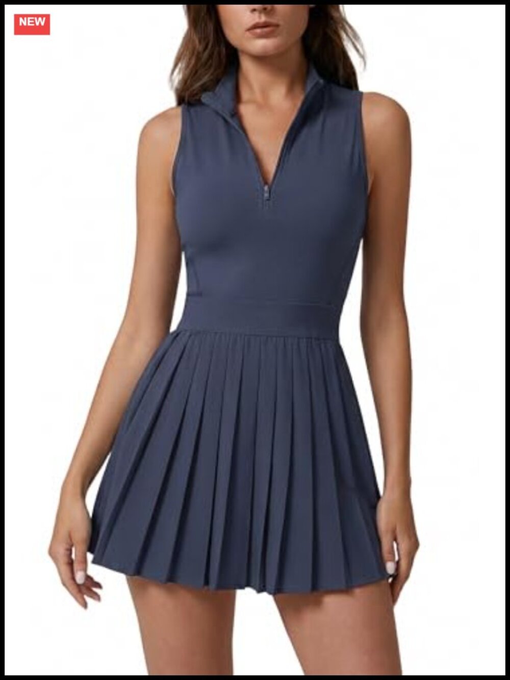 QINSEN Womens Zip Front Tennis Dress High Neck Pleated Sleeveless Golf Athletic